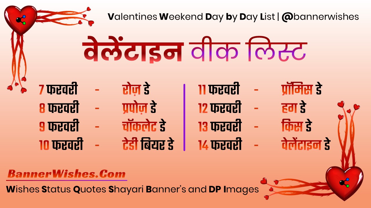 valentines day weekend full list in hindi, rose day, propose day, chocolate day, teddy bear day, promise day, hug day, kiss day, valentine's day, valentines day jokes in hindi, valentine day image for girlfriend, for boyfriends, for friends, banner wishes